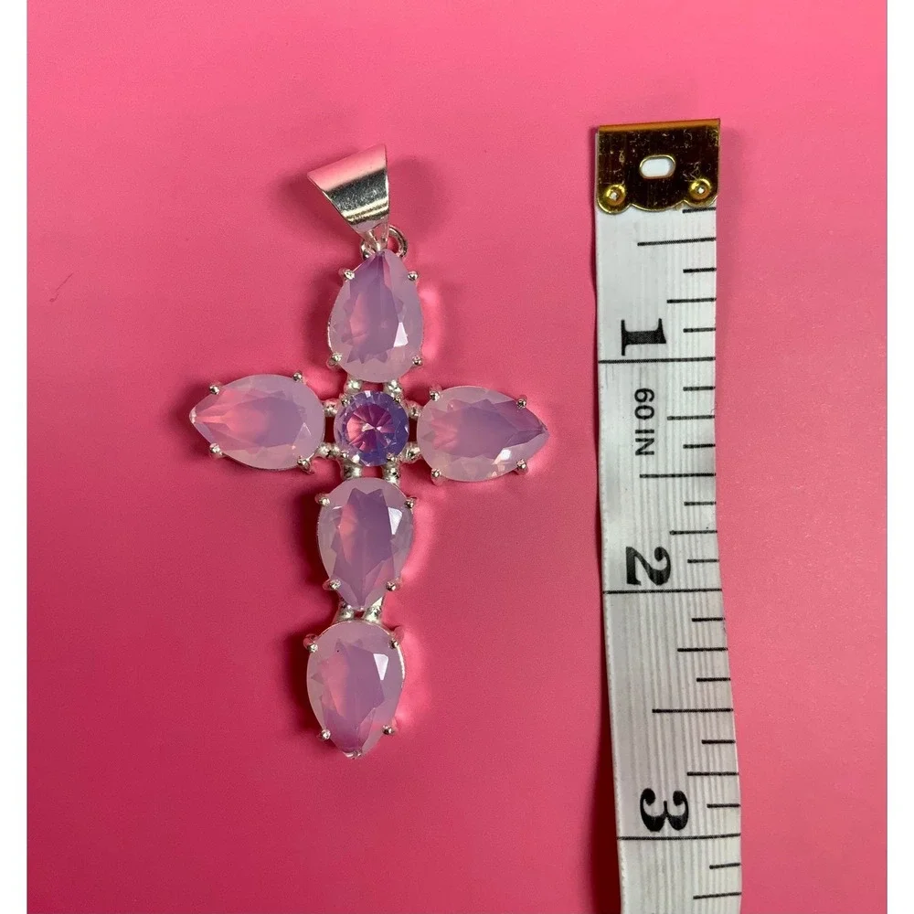 🌸💗 925‎ Sterling Pink Opal Cross Statement Pendant 💗🌸